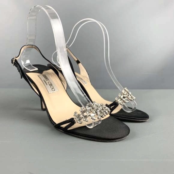 JIMMY CHOO Sexy Sparkly Black Satin Rhinstone Slingback Heals - Dressy Sandal - Picture 2 of 7